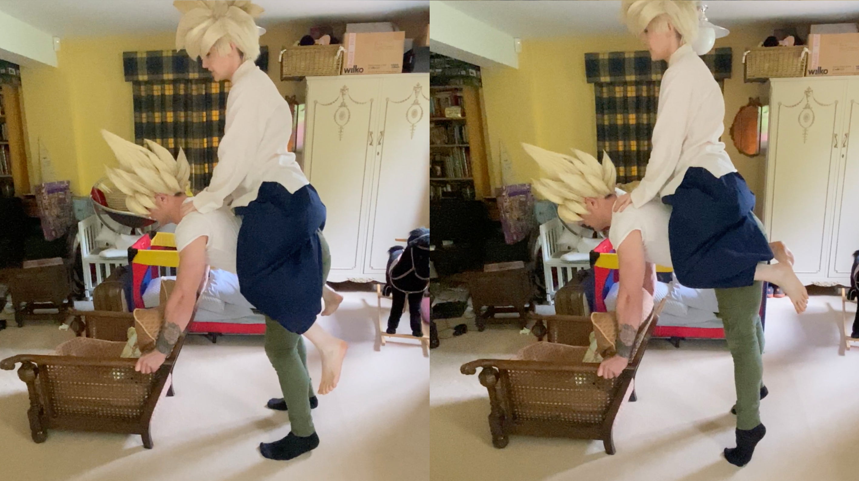 Goku and Gohan explain the donkey calve raise with cosplay fitness 