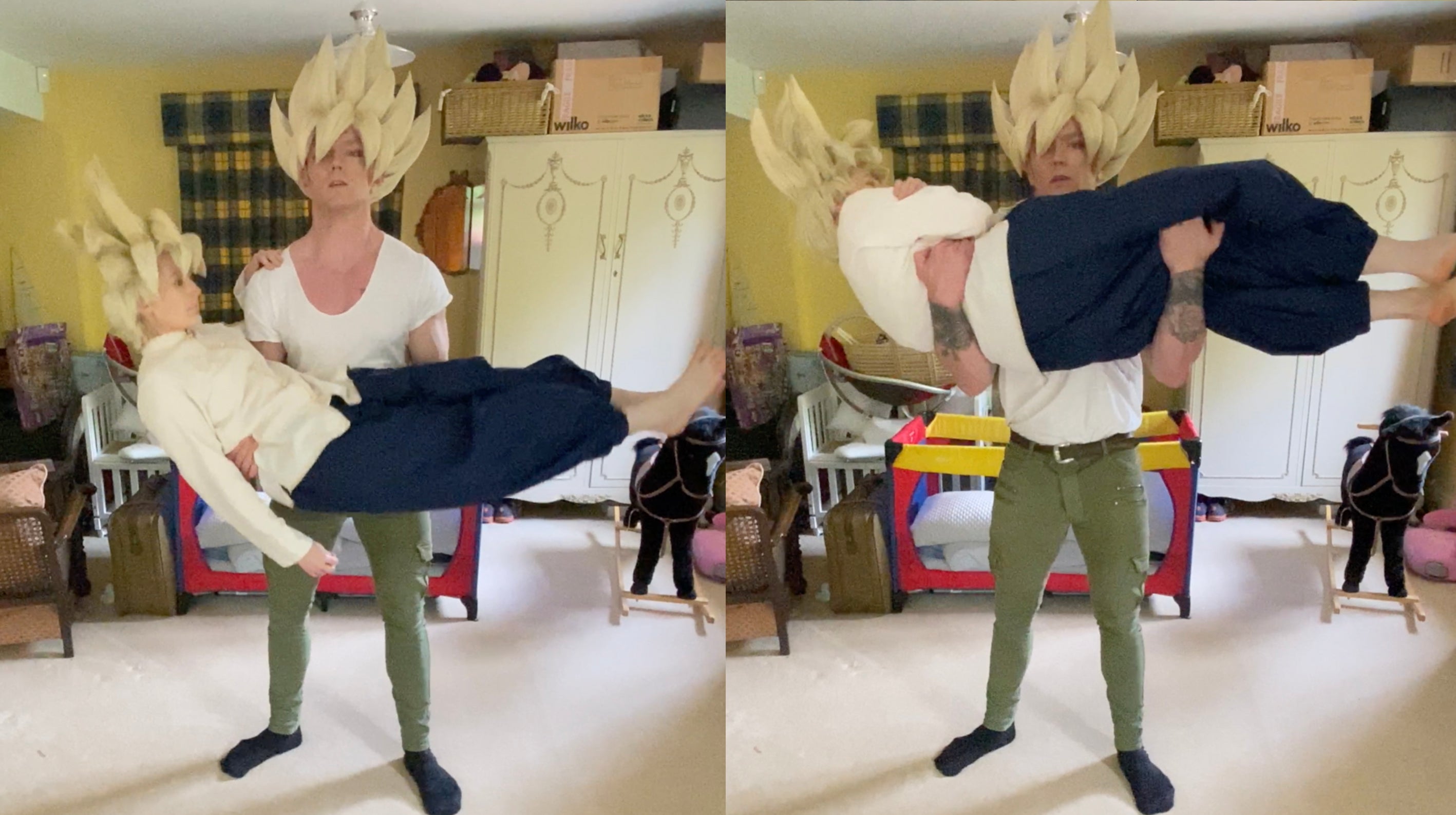 Goku and Gohan explain the human bicep curl with cosplay fitness 