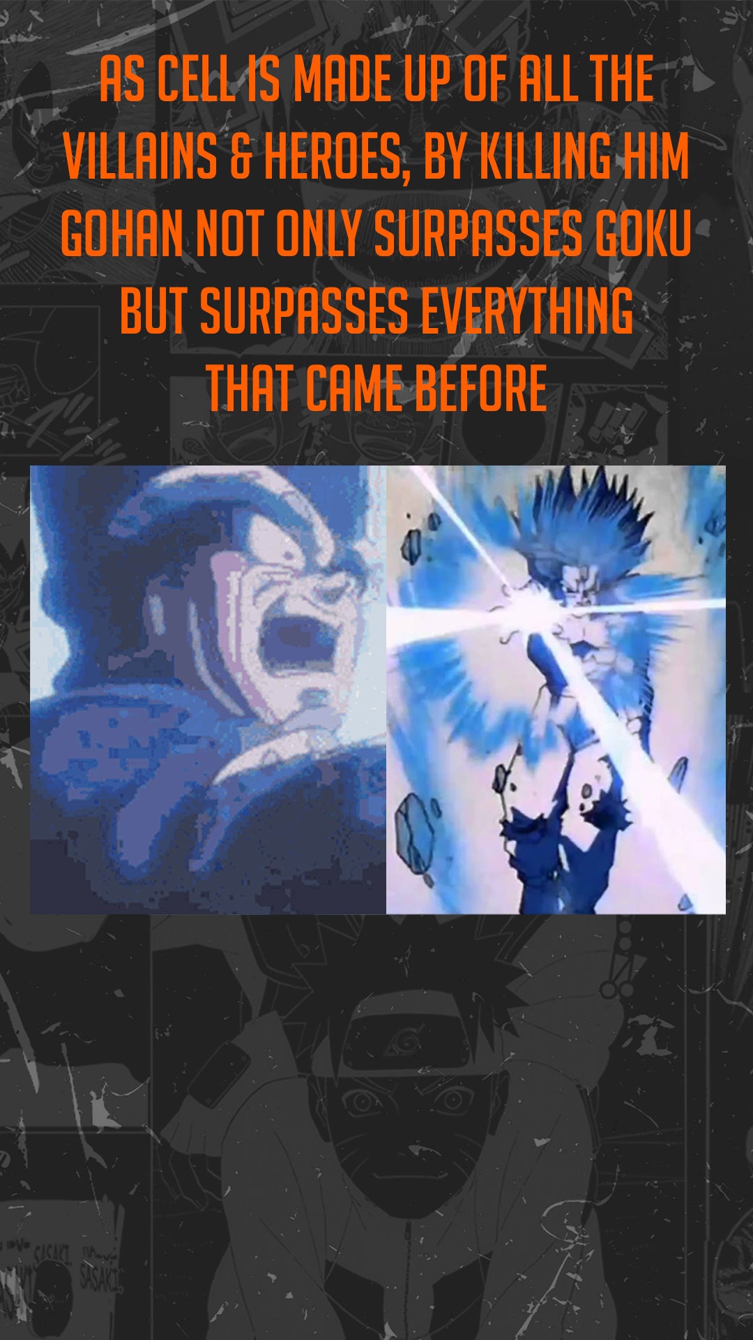 This moment is such a conclusive ending for the Dragonball arcs because Cell represents EVERYONE and he's getting blown away by a one armed Gohan. It's excellent visual storytelling to show that Goku has passed the torch to his son, and he's surpassed everyone in the story in every single way. Side note; the broken arm is an extra reference to future Gohan failing to destroy the androids in the future where he never had his fathers guidance.