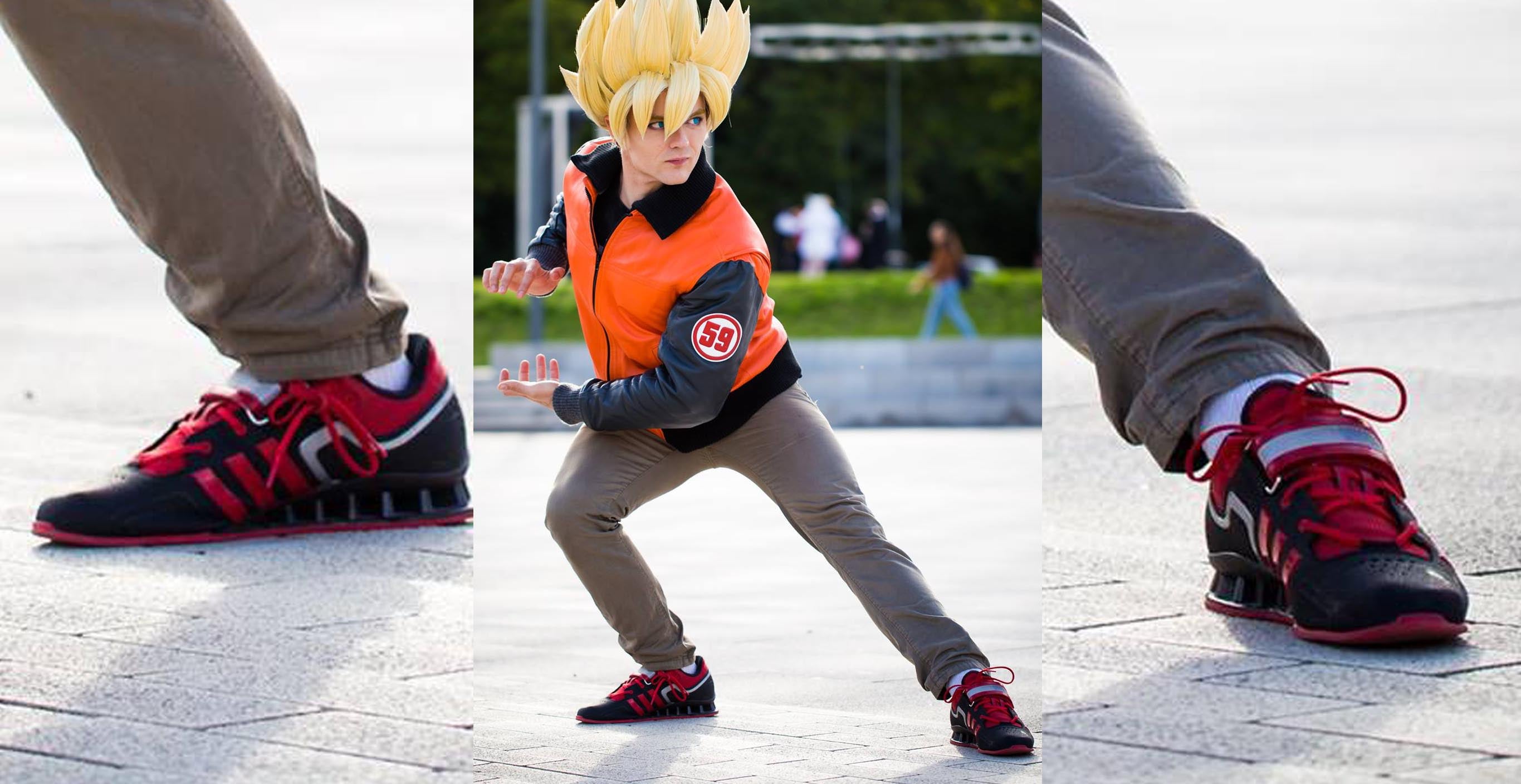 Goku wearing squat shoes. Dragonball 59 jacket cosplay