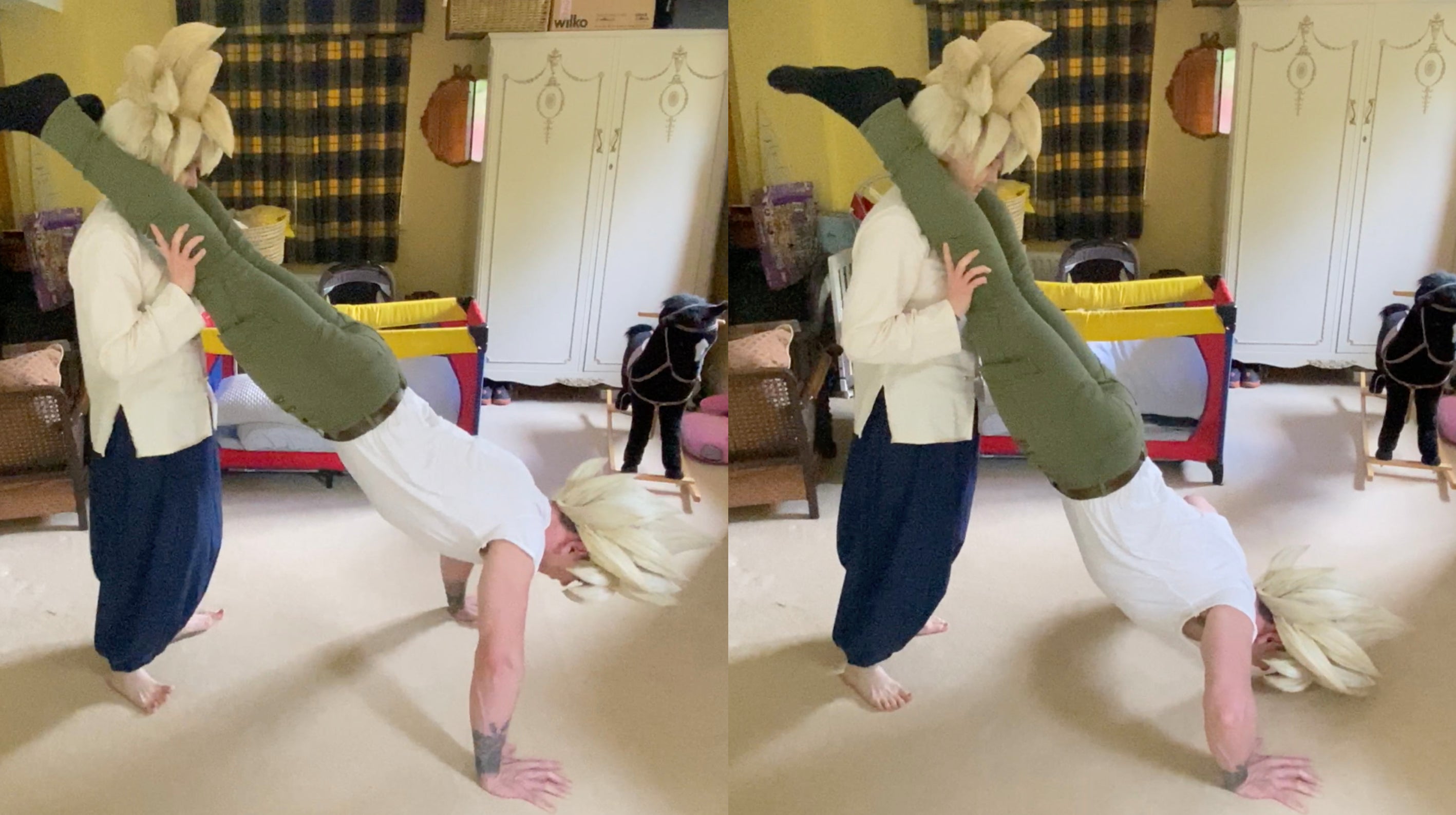 Goku and Gohan explain the assisted handstand push up with cosplay fitness 