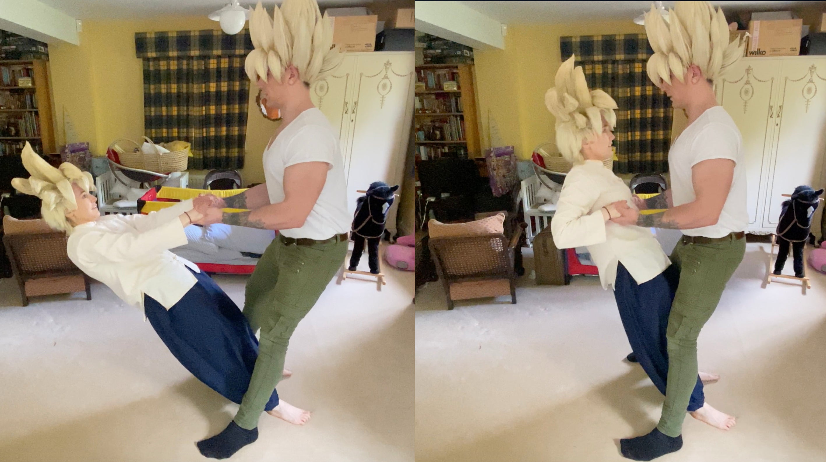 Goku and Gohan explain the 2 person inverted row with cosplay fitness 