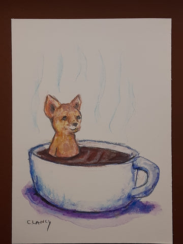 pup sitting in a cup with coffee - drawing marathon with sue clancy 