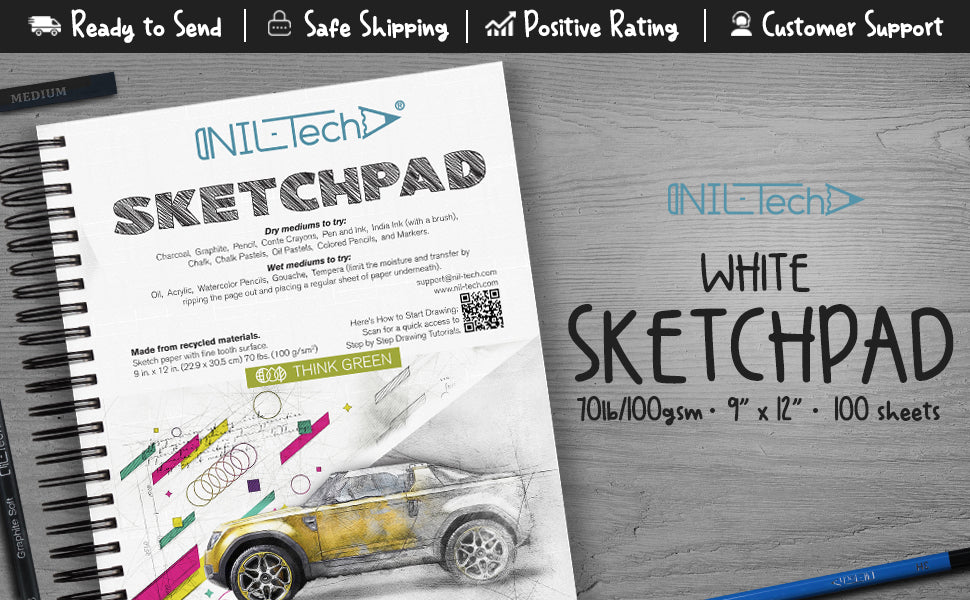 NIL - Tech Premium White Paper Sketch Pad - 9x12 Inches 100 Sheets (68 lb100gsm) Sketchbook Pad with Spiral Bound for Markers, Gel Pens, Co
