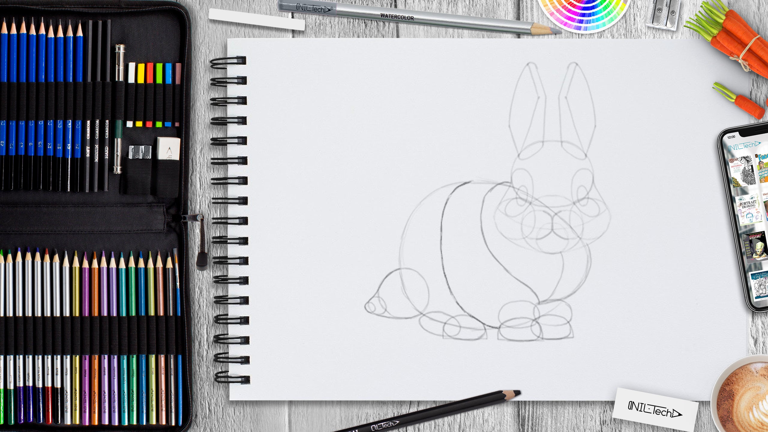 Happy by Elise Gomez drawing of a rabbit with colored ears white background  – Havenlight.com