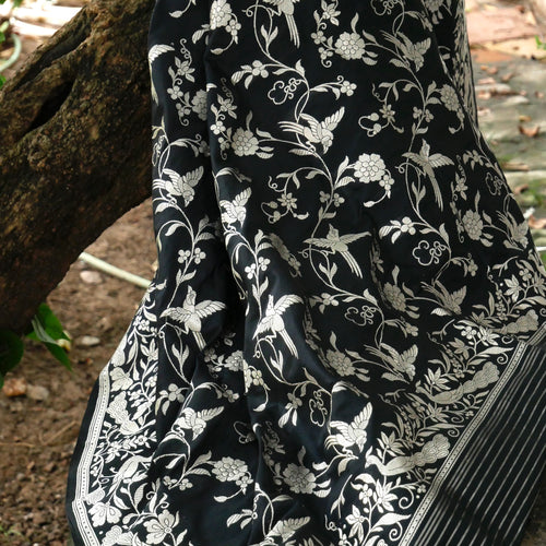 Black Pure Katan Silk Handwoven Banarasi Bird Saree - Khinkhwab