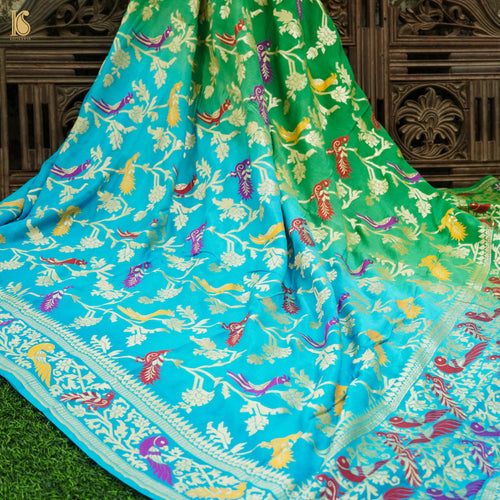 Blue & Green Pure Georgette Banarasi Meenakari Birds Dupatta - Khinkhwab