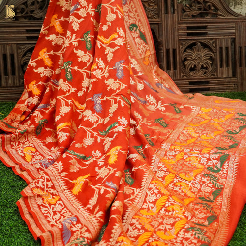 Orange Pure Georgette Banarasi Meenakari Birds Dupatta - Khinkhwab