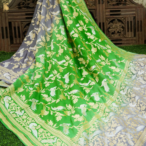 Green & Grey Pure Georgette Banarasi Meenakari Birds Dupatta - Khinkhwab