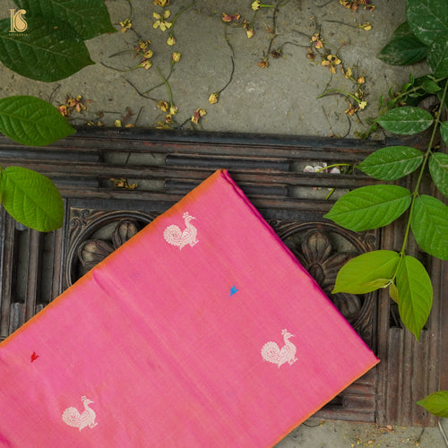 Froly Pink Handwoven Pure Katan Silk Banarasi Peacock Kadwa Fabric - Khinkhwab