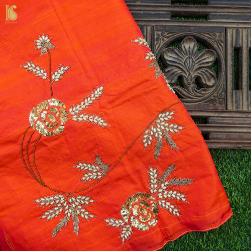 Hand Embroidered Pure Raw Silk Orange Blouse Fabric - Khinkhwab