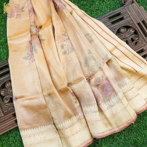 Beige Pure Tissue Silk Tanchoi Handwoven Banarasi Floral Print Saree - Khinkhwab