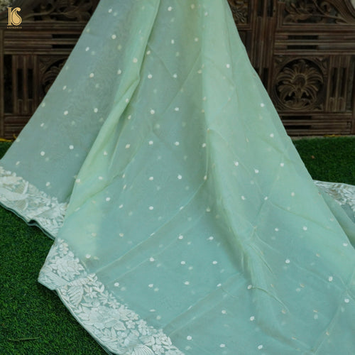 Green Handcrafted Parsi Gara Pure Organza Dupatta - Khinkhwab