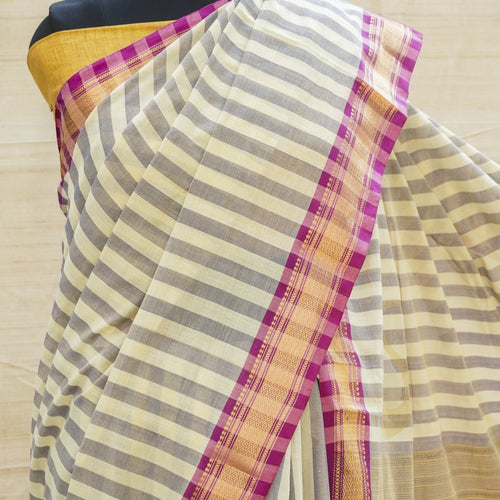 Pearl White & Blue Pure Cotton Handwoven Paithani Stripes Saree - Khinkhwab