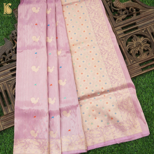 Kobi Pink Handloom Pure Tissue White Banarasi Bird Saree - Khinkhwab