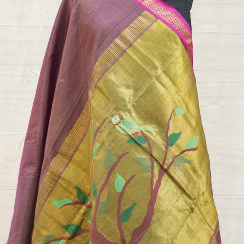 Flirt Purple Pure Cotton Tissue Handwoven Paithani Tree Saree - Khinkhwab