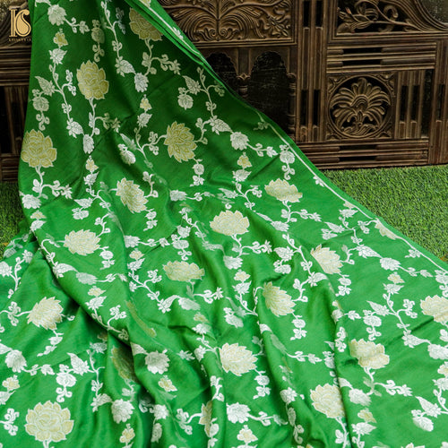 Chateau Green Pure Moonga Silk Handloom Banarasi Suit Fabric - Khinkhwab