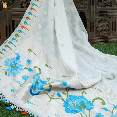 Handloom Pure Georgette Silver Zari Banarasi Muniya Border Dupatta - Khinkhwab