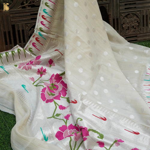 Preorder: Handloom Pure Tussar Silk Silver Zari Banarasi Muniya Border Dupatta - Khinkhwab