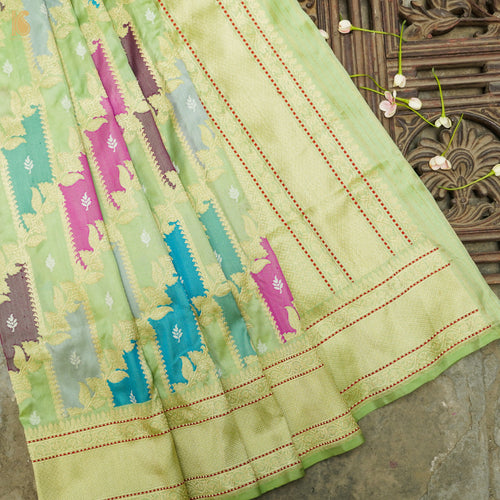 Caper Green Handloom Banarasi Pure Katan Silk Rangkat Kadwa Saree - Khinkhwab