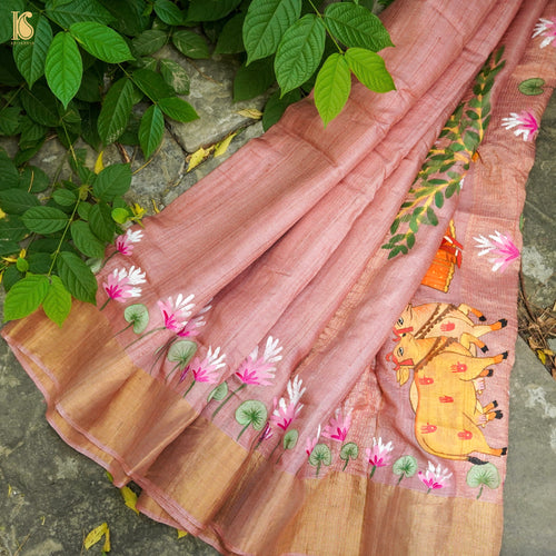 Petite Orchid Ghicha Tussar Banarasi Silk Hand Painted Saree - Khinkhwab