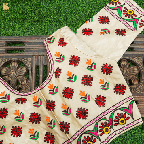 White Pure Mashru Silk Stitched Blouse with Kutchi Embriodery - Khinkhwab