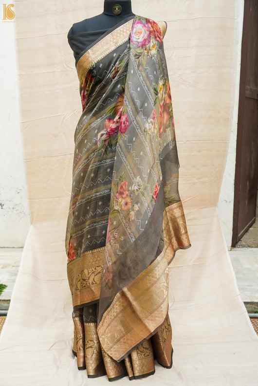 Floral Ready to Wear Organza Saree With Hand Print | readytowearsaree.com