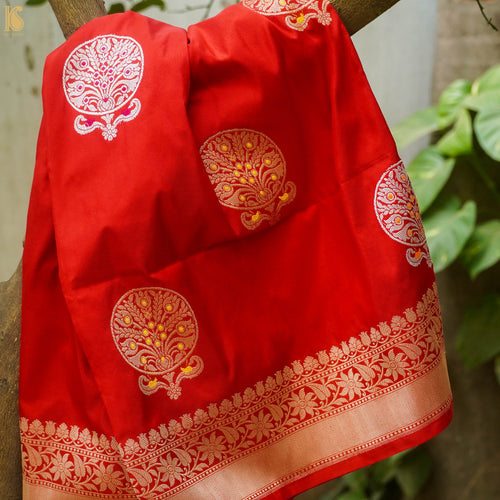 Red Pure Katan Silk Handloom Kadwa Boota Banarasi Dupatta - Khinkhwab