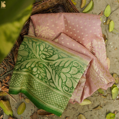 Pink & Green Pure Moonga Silk Handloom Banarasi Saree - Khinkhwab