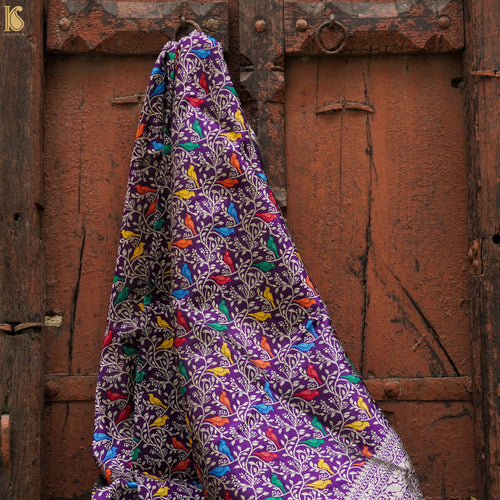 Purple Pure Katan Silk Handwoven Banarasi Jaal Bird Dupatta - Khinkhwab