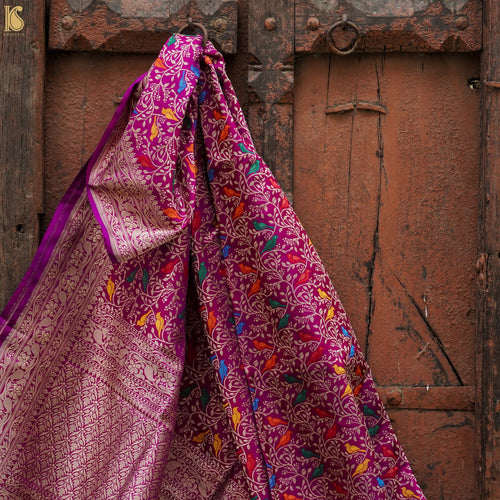 Violet Red Pure Katan Silk Handwoven Banarasi Jaal Bird Dupatta - Khinkhwab