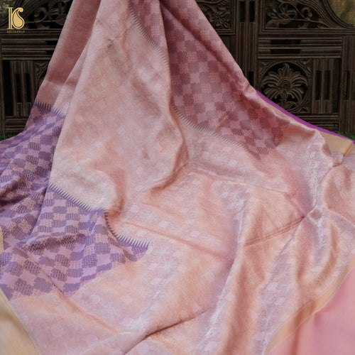 Oyster Pink Handwoven Pure Mashru Silk Tanchoi Kadwa Banarasi Saree - Khinkhwab