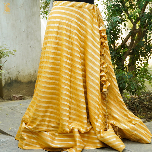 Nugget Yellow Handloom Moonga Silk Banarasi Stripes Stitched Lehenga - Khinkhwab