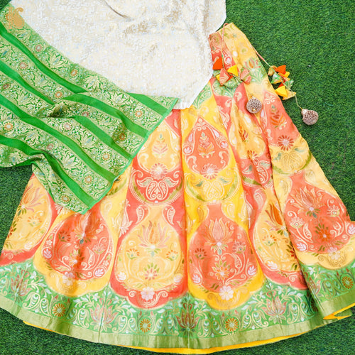 Handloom Pure Georgette Yellow & Red Banarasi Kalidar Stitched Rangkat Lehenga - Khinkhwab