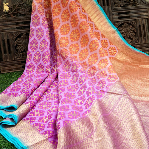 Persian Pink & Orange Pure Georgette Banarasi Honeycomb Saree - Khinkhwab