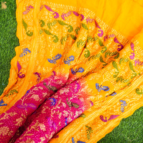 Yellow & Pink Georgette Bandhani Handloom Banarasi Shikargah Dupatta - Khinkhwab