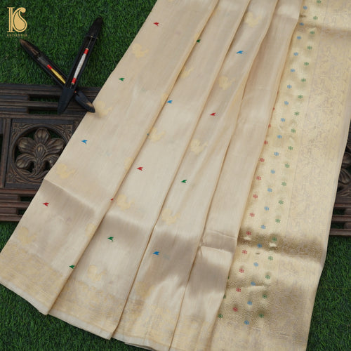 Gold Handloom Pure Tissue White Banarasi Bird Saree - Khinkhwab