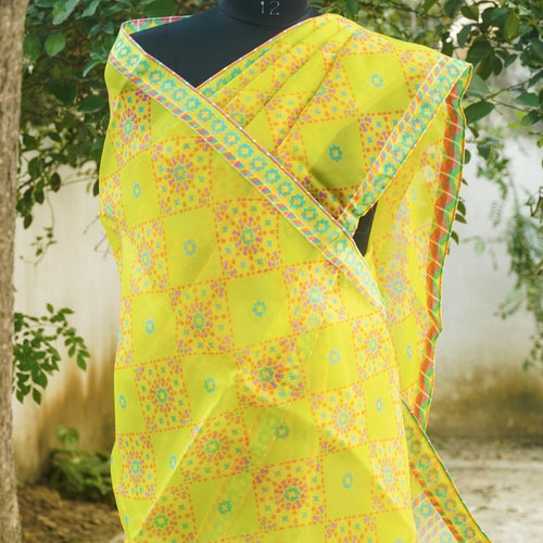 NİLÜFER - Chartreuse Yellow Pure Organza Print Saree - Khinkhwab