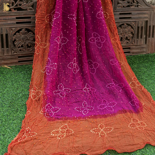 Purple & Orange Pure Georgette Bandhani Stole - Khinkhwab