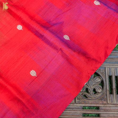 Red & Purple Pure Raw Silk Banarasi Fabric - Khinkhwab