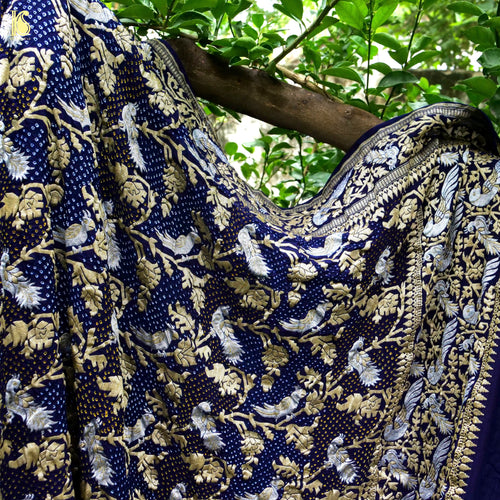 Birds of Paradise : Midnight Blue Pure Georgette  Banarasi Bandhani Dupatta - Preorder - Khinkhwab