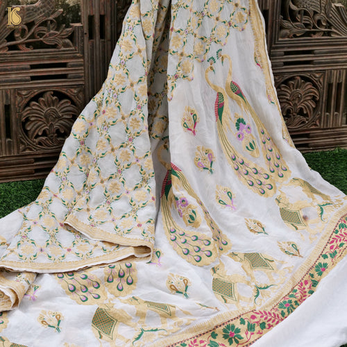 White Banarasi Pure Georgette Meenakari Peacock Dupatta - Khinkhwab