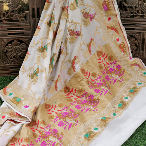 White Banarasi Georgette Meenakari  Birds of Paradise Dupatta - Khinkhwab