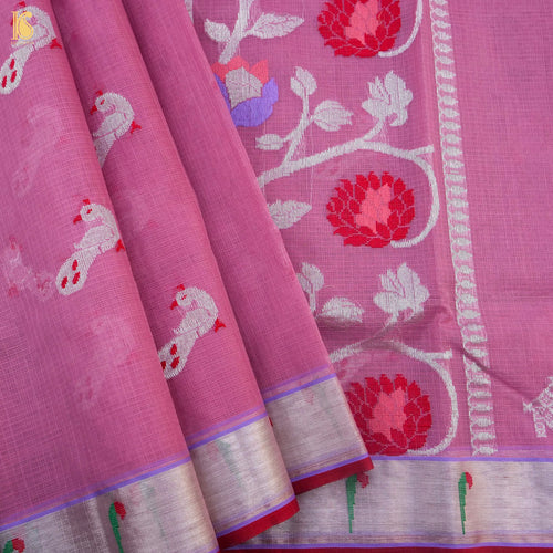 Handwoven Mulberry Pink Real Zari Kota Silk Saree with Muniya Border - Khinkhwab