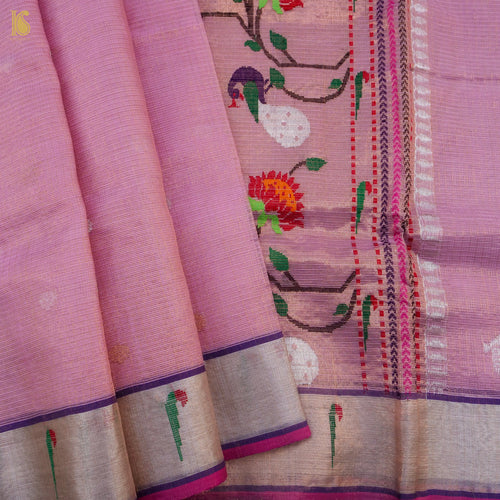 Handwoven Hopbush Pink Real Zari Kota Silk by Tissue Saree with Muniya Border - Khinkhwab