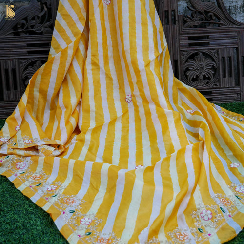 Yellow Leheriya Pure Tussar Silk Pearl & Zardozi Embroidery Dupatta - Khinkhwab