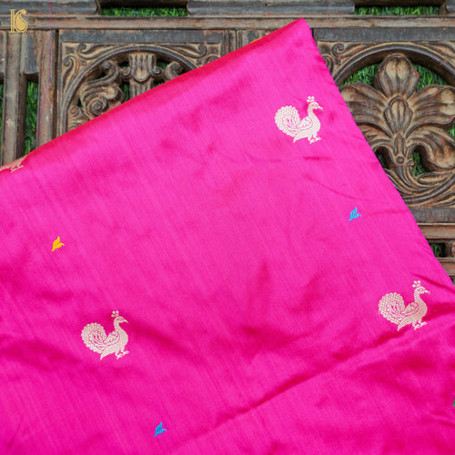 Persian Rose Handwoven Pure Katan Silk Banarasi Peacock Kadwa Fabric - Khinkhwab