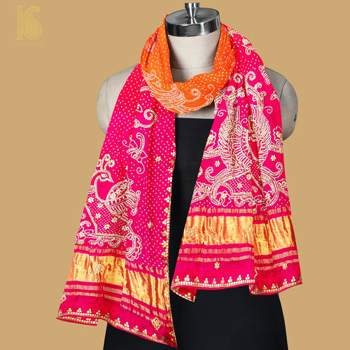 Orange & Pink Pure Gajji Silk Bandhani Gotta Patti Dupatta - Khinkhwab