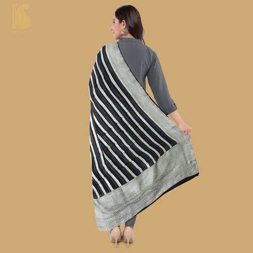 Black Pure Georgette Handloom Banarasi Stripes Dupatta - Khinkhwab