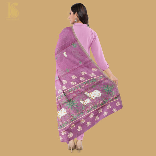 Pure Tussar Silk Cow & Lotus Print Dupatta - Khinkhwab